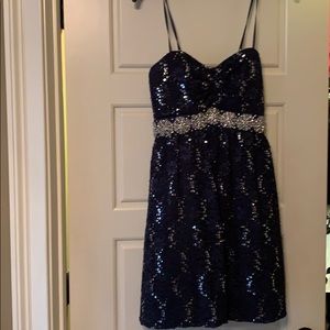 navy blue sequin prom dress